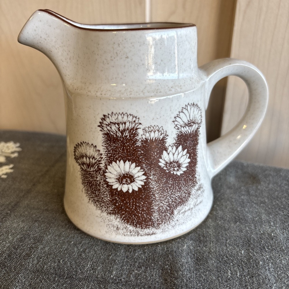 Noritake Stoneware Desert Flowers Creamer Pitcher Japan Cactus Brown Rim 4.25"